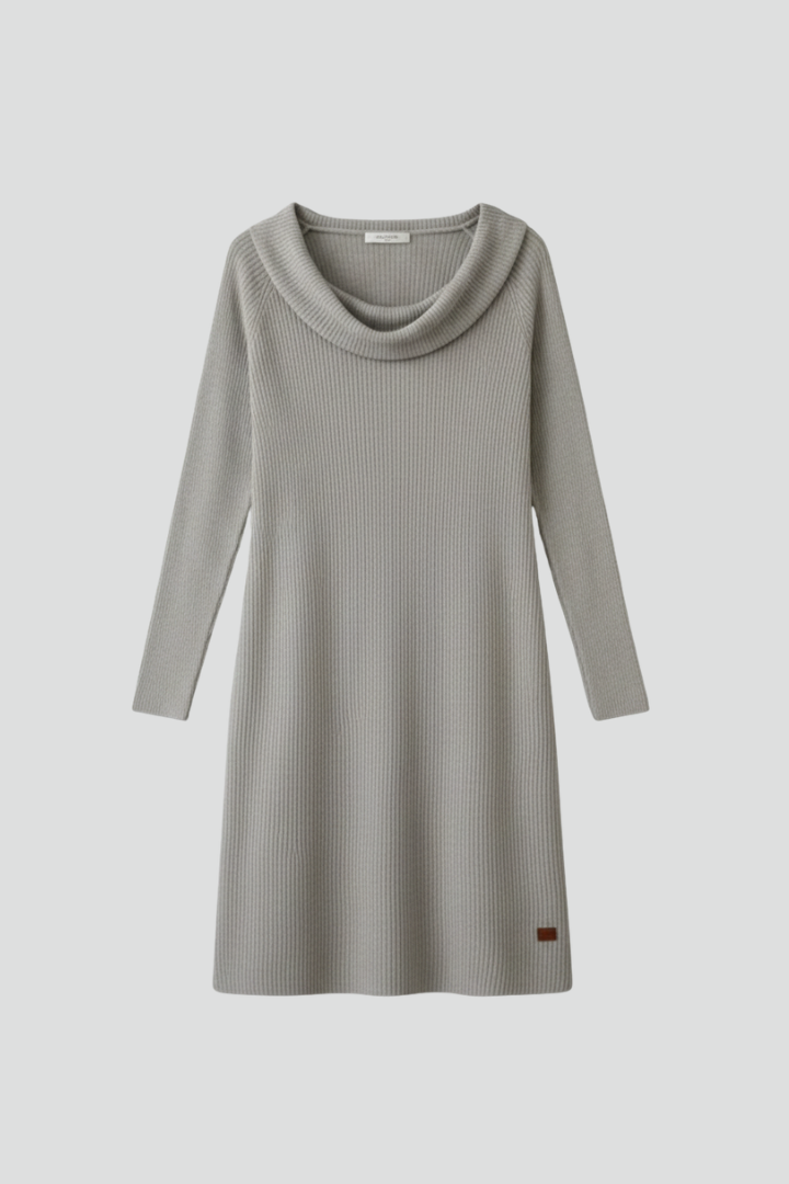 Women’s Knee-Length Dress with Draped Neck and Long Sleeves