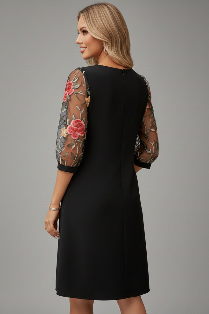 Women’s Knee-Length Dress with Keyhole Neckline and Sheer Sleeves