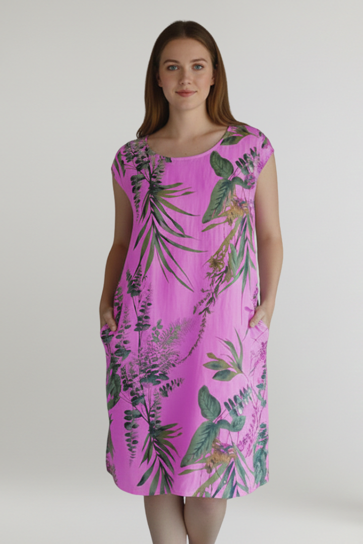 Women’s Knee-Length Dress with Printed Surface and Side Pockets