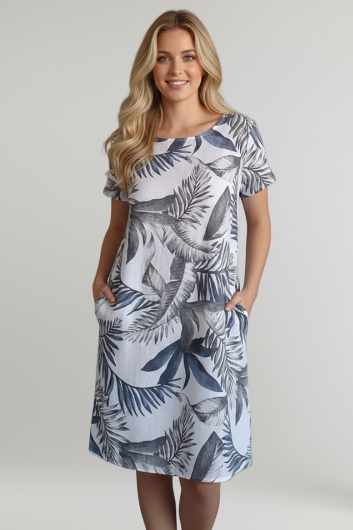 Women’s Knee-Length Dress with Printed Surface and Side Pockets