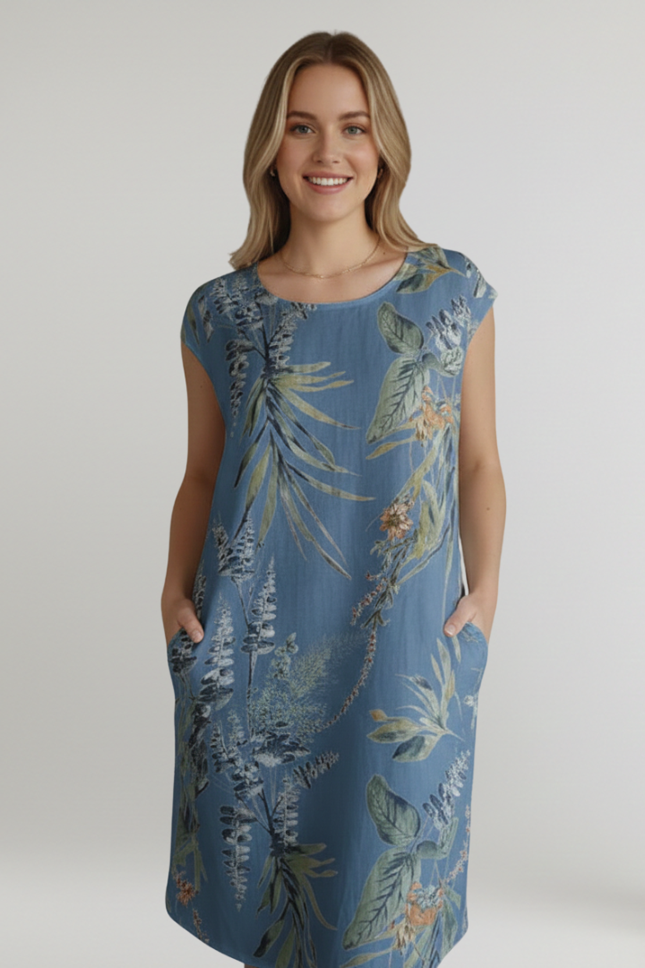Women’s Knee-Length Dress with Printed Surface and Side Pockets
