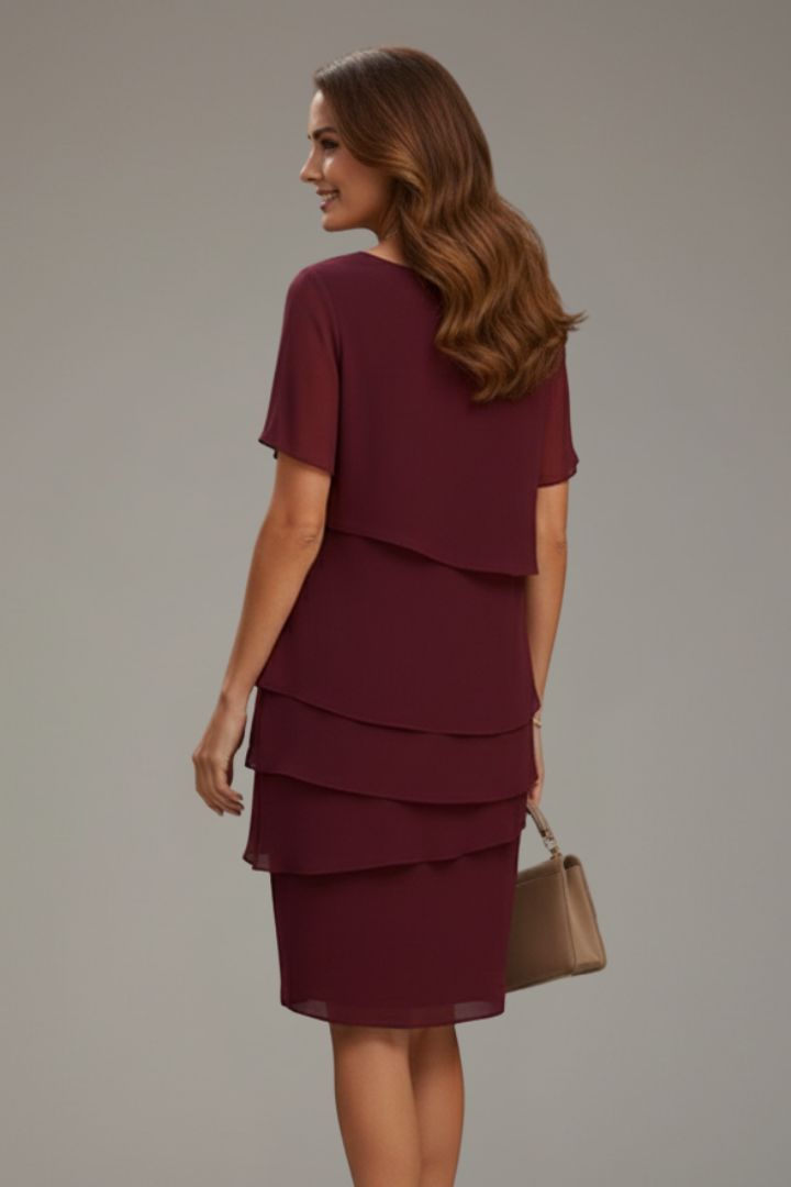 Women’s Knee-Length Dress with Short Sleeves and Side Pockets