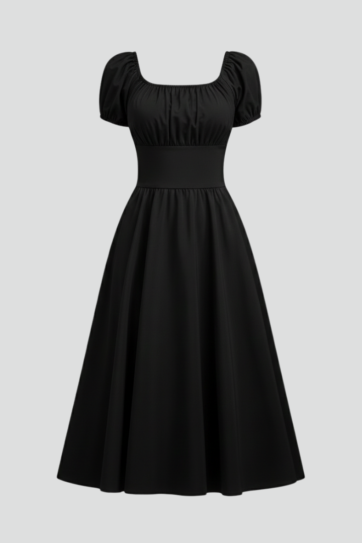Women’s Knee-Length Dress with Square Neck and Puff Sleeves