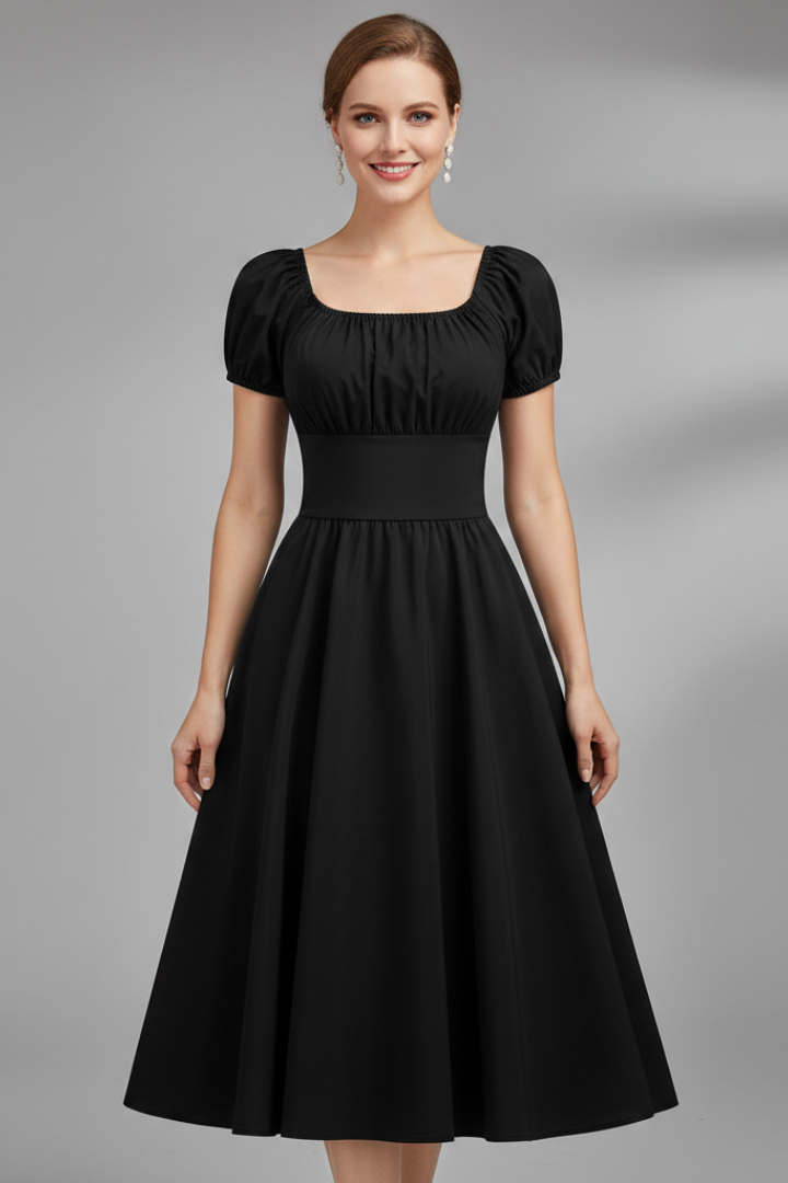 Women’s Knee-Length Dress with Square Neck and Puff Sleeves