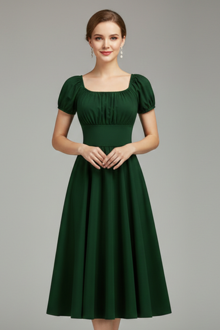 Women’s Knee-Length Dress with Square Neck and Puff Sleeves