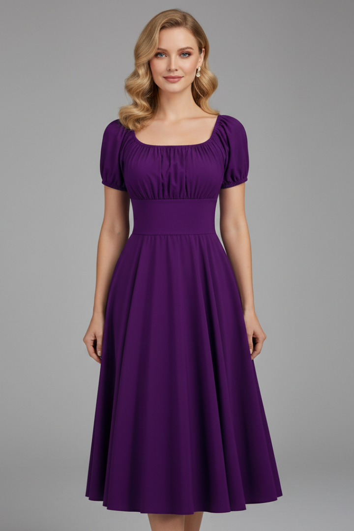 Women’s Knee-Length Dress with Square Neck and Puff Sleeves