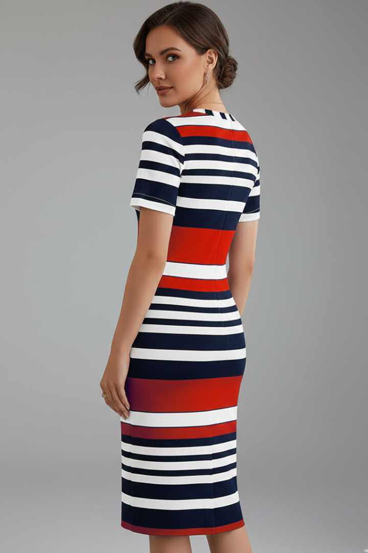 Women’s Knee-Length Dress with Stripe Pattern and Short Sleeves