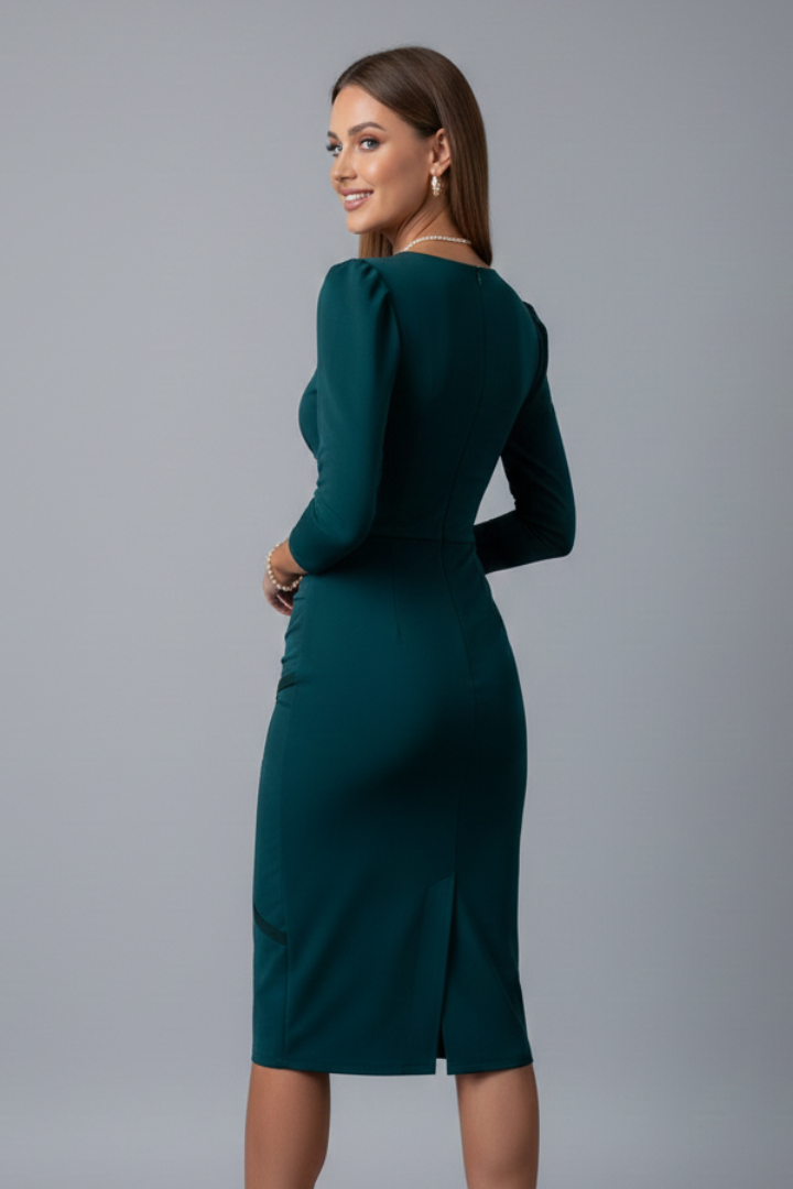 Women’s Knee-Length Dress with V Neckline and Long Sleeves