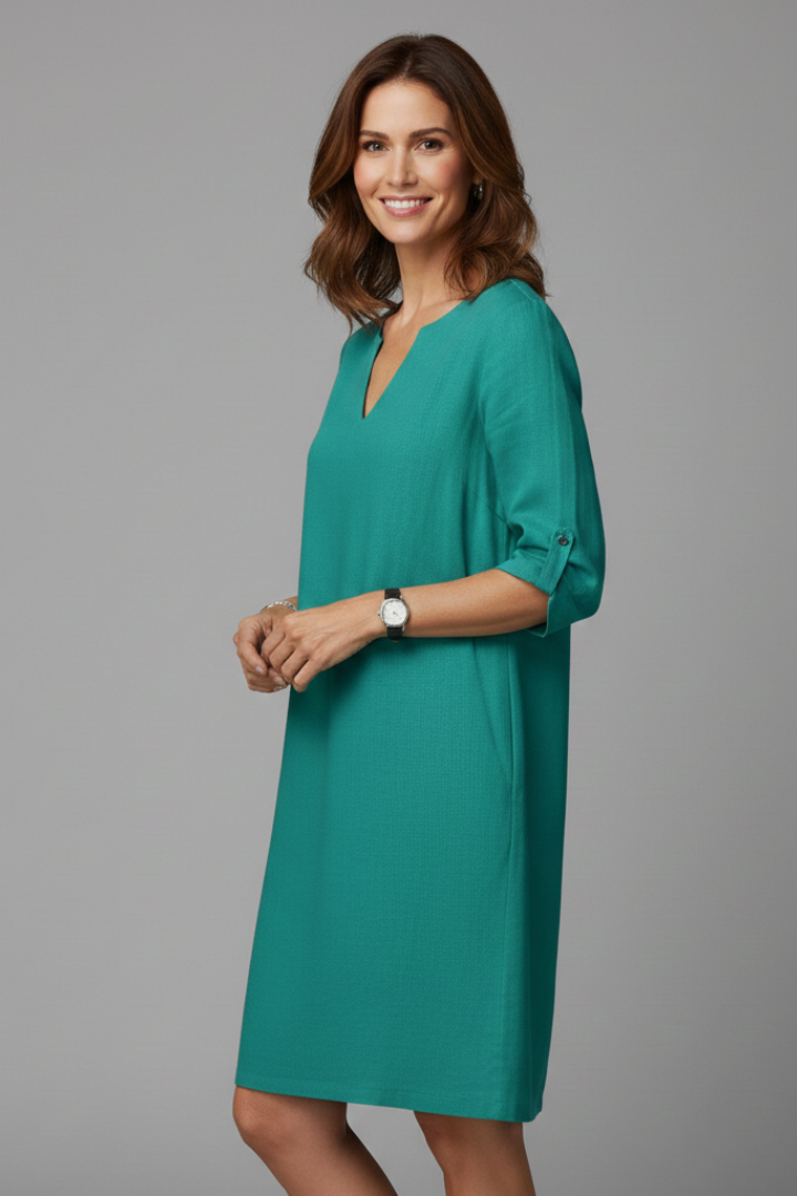 Women’s Knee-Length Dress with V Neckline and Three-Quarter Sleeves