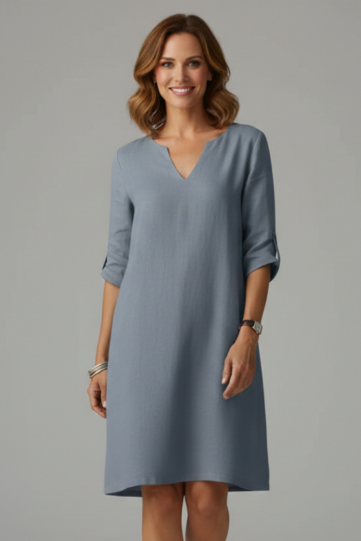 Women’s Knee-Length Dress with V Neckline and Three-Quarter Sleeves