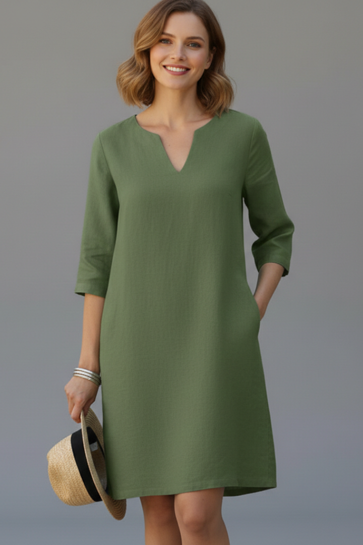 Women’s Knee-Length Dress with V Neckline and Three-Quarter Sleeves