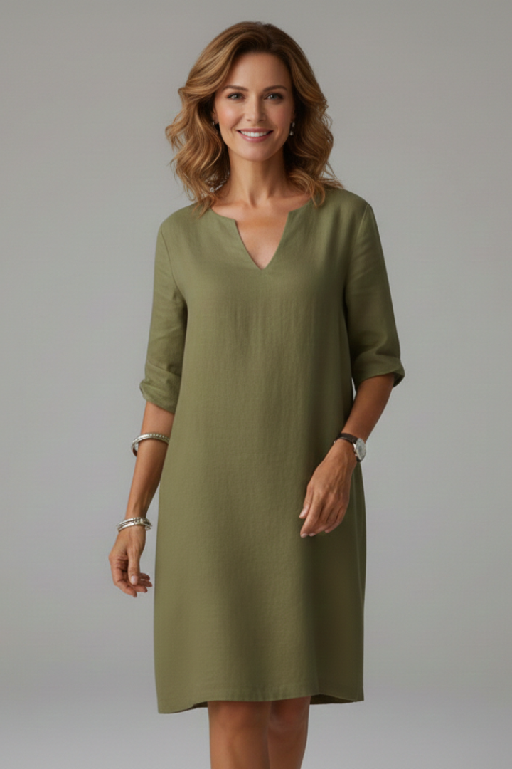 Women’s Knee-Length Dress with V Neckline and Three-Quarter Sleeves