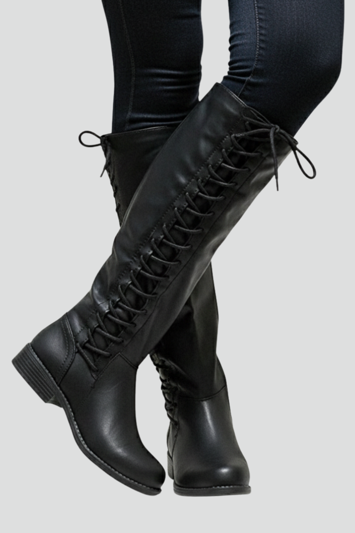 Women’s Knee Boots with Lace Front and Plain Upper