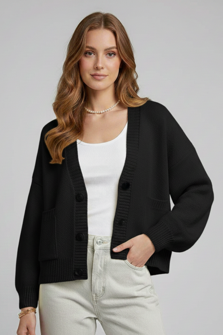 Women’s Knit Cardigan with V-Neckline and Button-Front Design