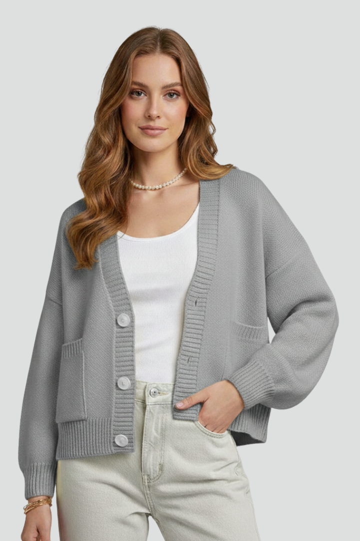 Women’s Knit Cardigan with V-Neckline and Button-Front Design