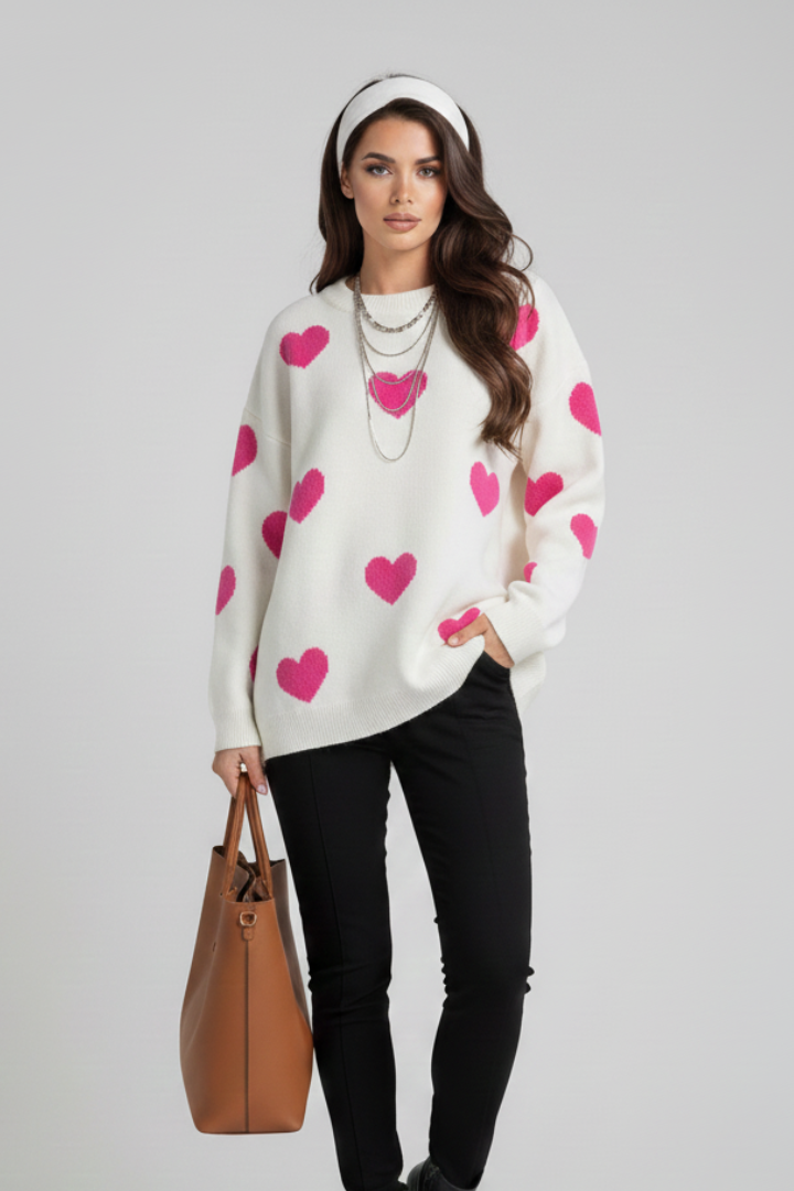 Women’s Knit Jumper with Round Neck and Heart Pattern