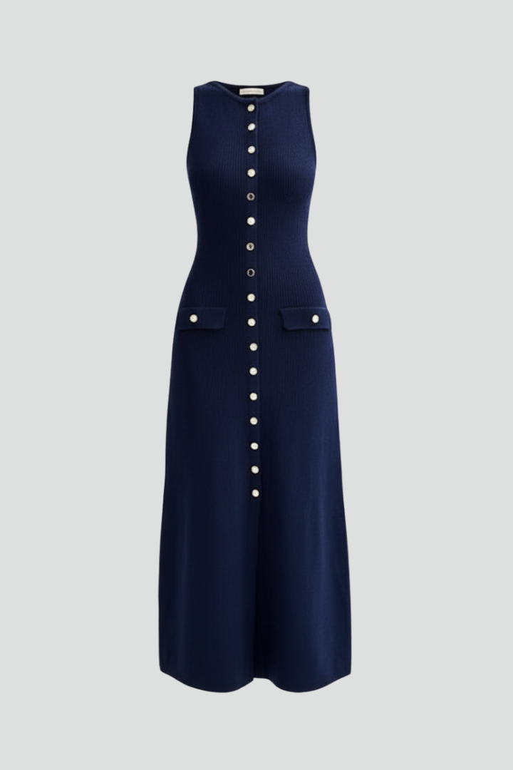 Women’s Knit Maxi Dress with Sleeveless Cut and Front Buttons