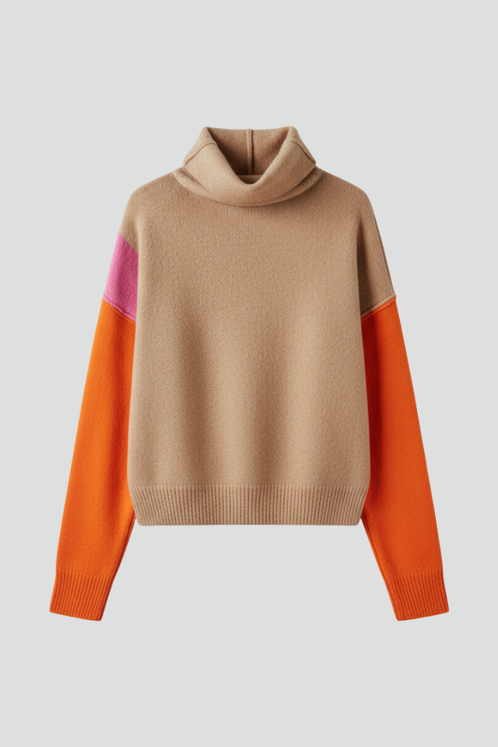 Women’s Knit Sweater with High Collar and Ribbed Cuffs