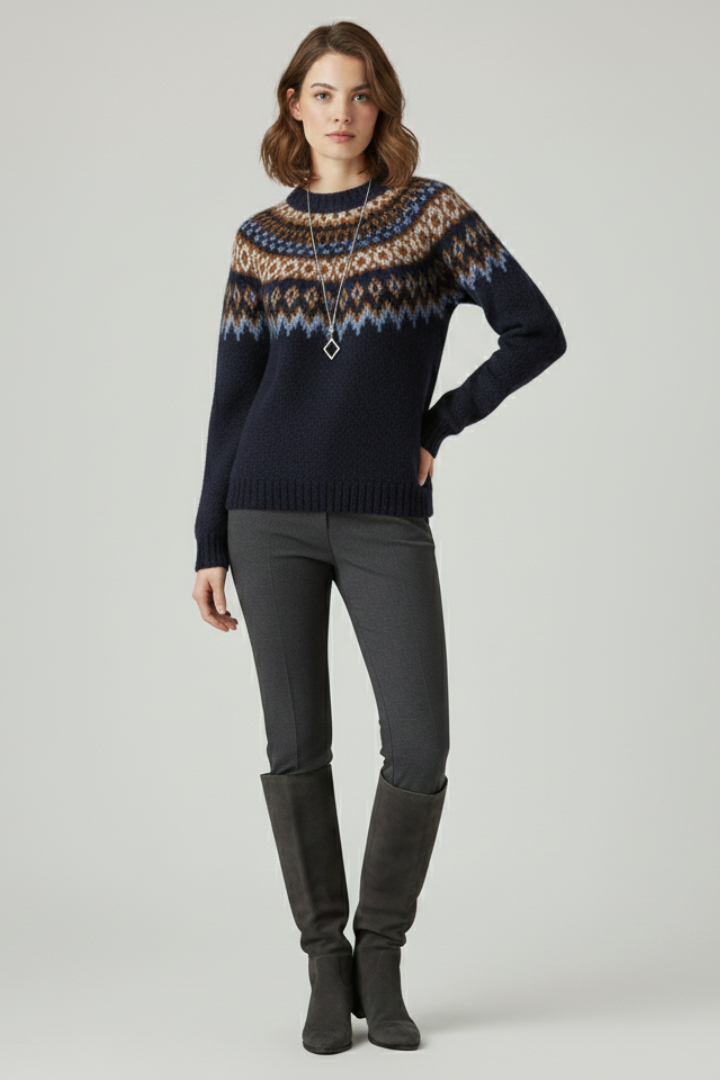 Women’s Knit Sweater with Patterned Yoke and Ribbed Hem