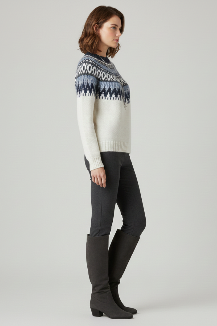 Women’s Knit Sweater with Patterned Yoke and Ribbed Hem