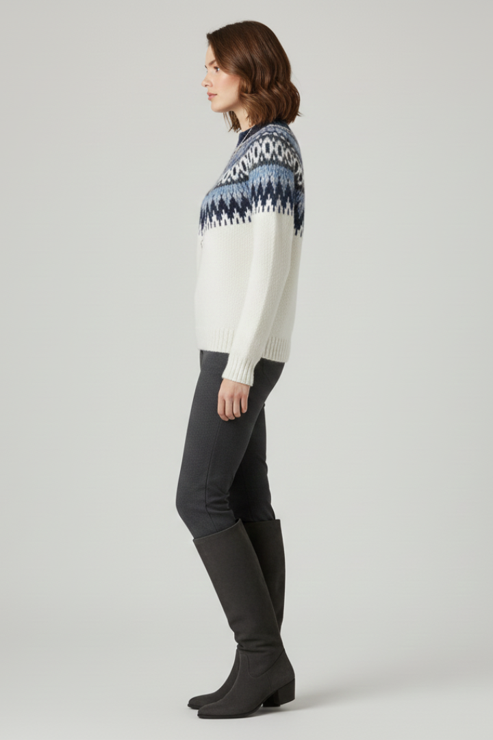 Women’s Knit Sweater with Patterned Yoke and Ribbed Hem