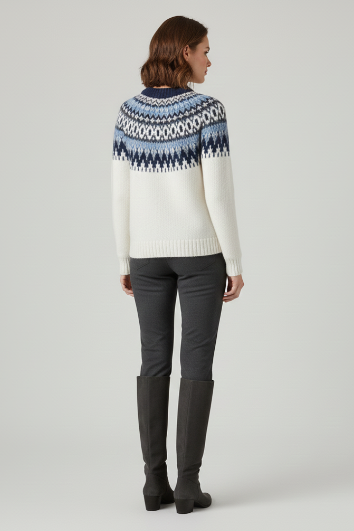 Women’s Knit Sweater with Patterned Yoke and Ribbed Hem