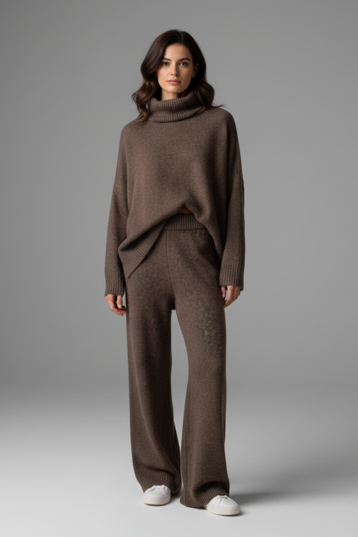 Women’s Knitted Set with Polo Neck Jumper and Wide-Leg Trousers