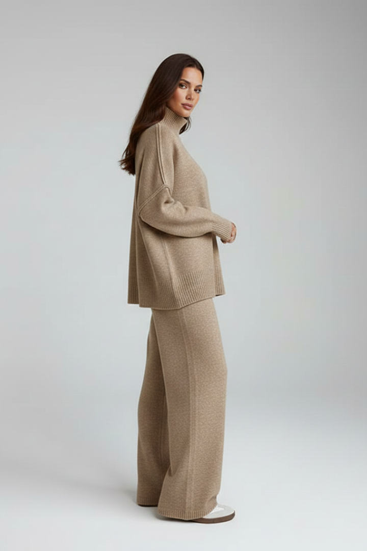 Women’s Knitted Set with Polo Neck Jumper and Wide-Leg Trousers