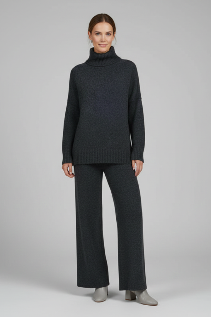 Women’s Knitted Set with Polo Neck Jumper and Wide-Leg Trousers