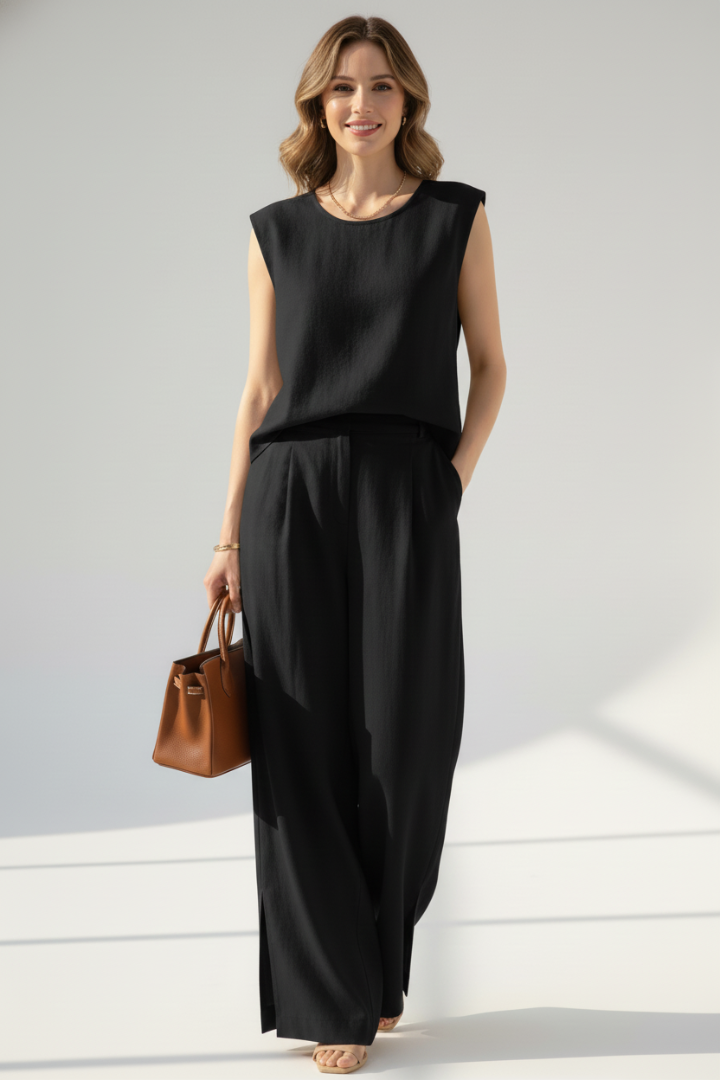Women’s Linen Set with Sleeveless Top and Wide-Leg Trousers