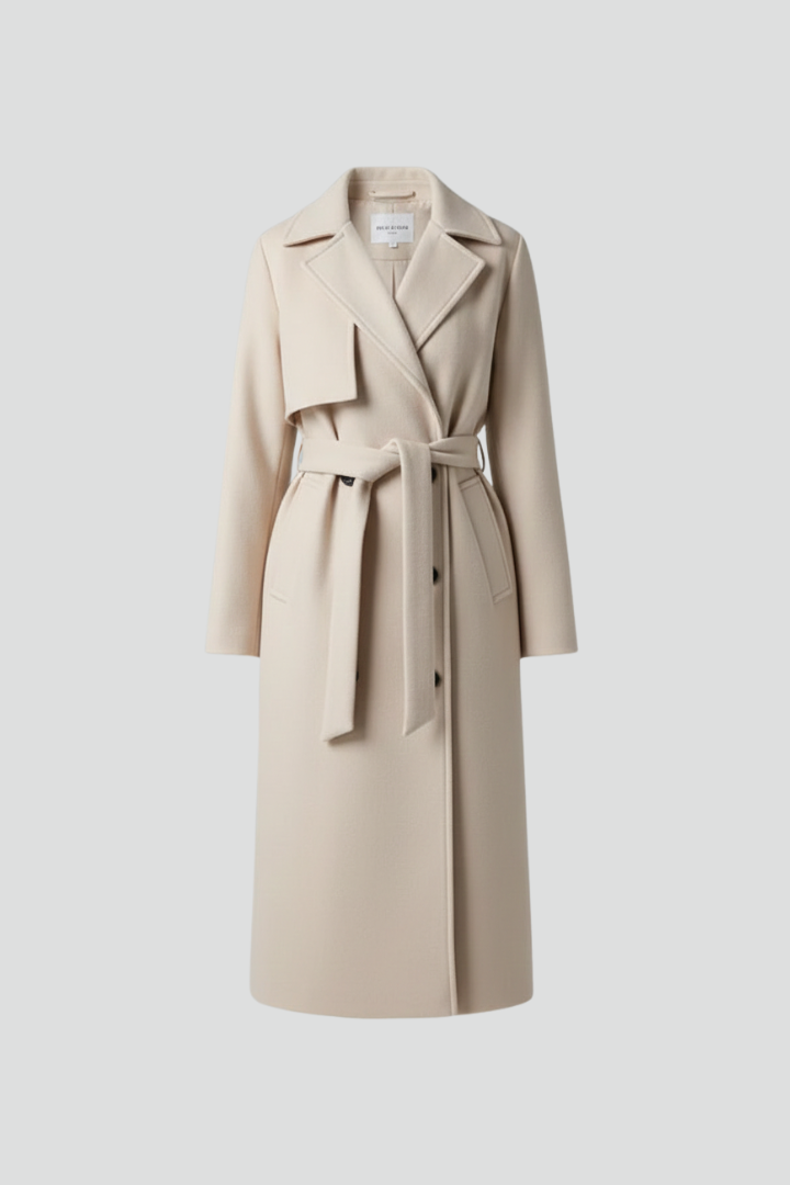 Women’s Long Coat with Belt and Double-Breasted Front