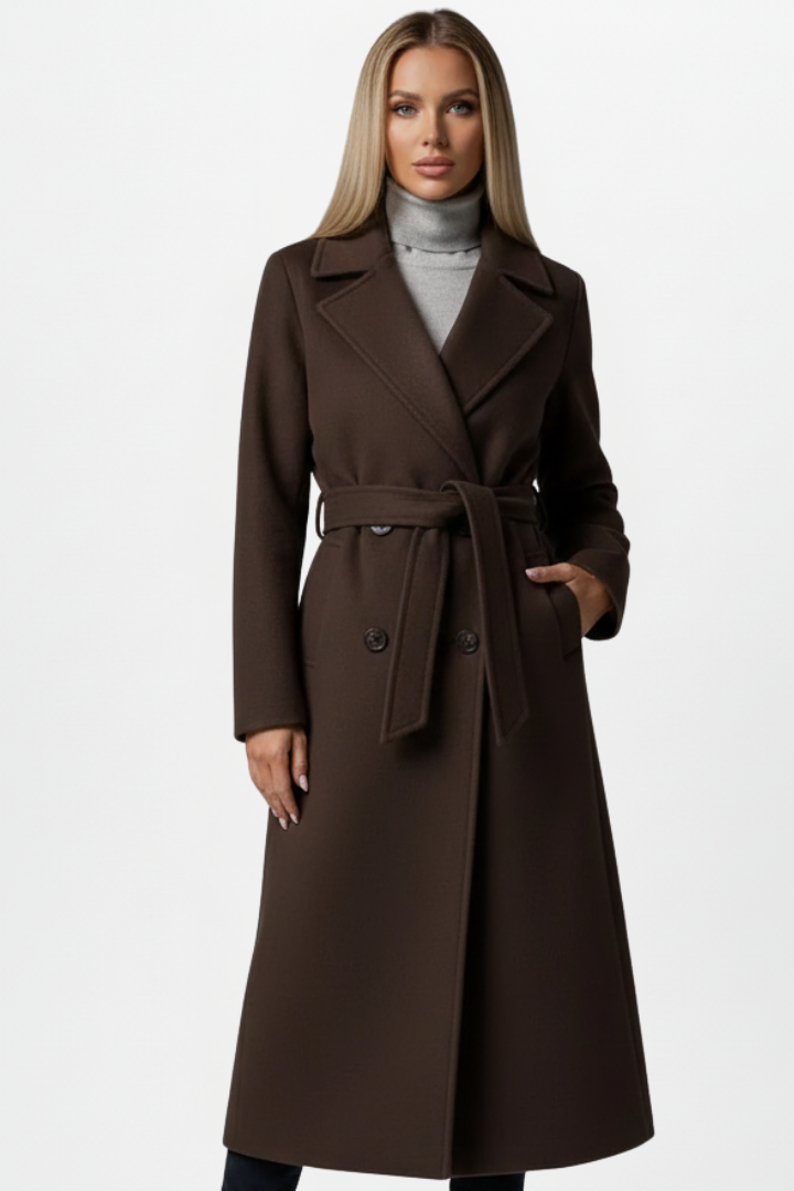 Women’s Long Coat with Belt and Double-Breasted Front