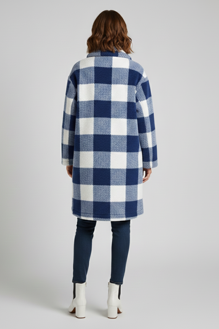 Women’s Long Coat with Button Front and Checked Fleece Surface
