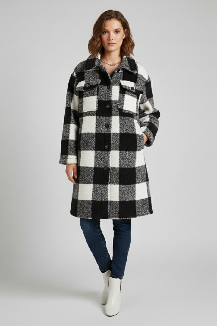 Women’s Long Coat with Button Front and Checked Fleece Surface