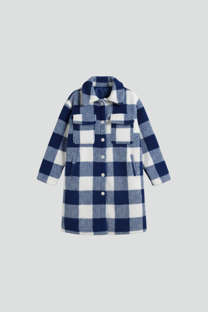 Women’s Long Coat with Button Front and Checked Fleece Surface