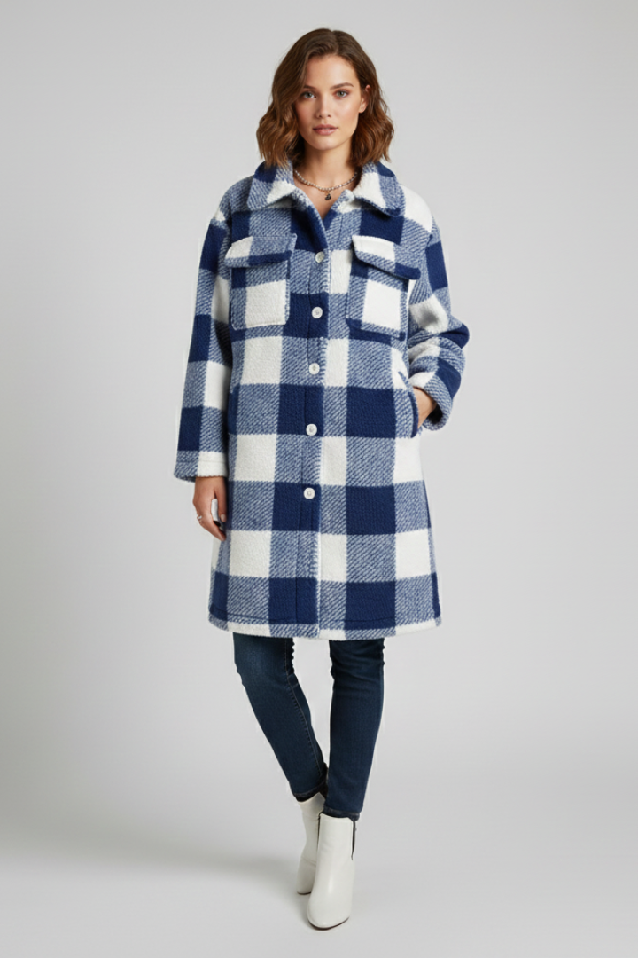 Women’s Long Coat with Button Front and Checked Fleece Surface
