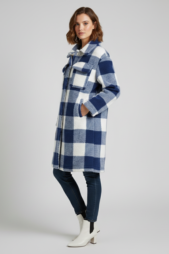 Women’s Long Coat with Button Front and Checked Fleece Surface