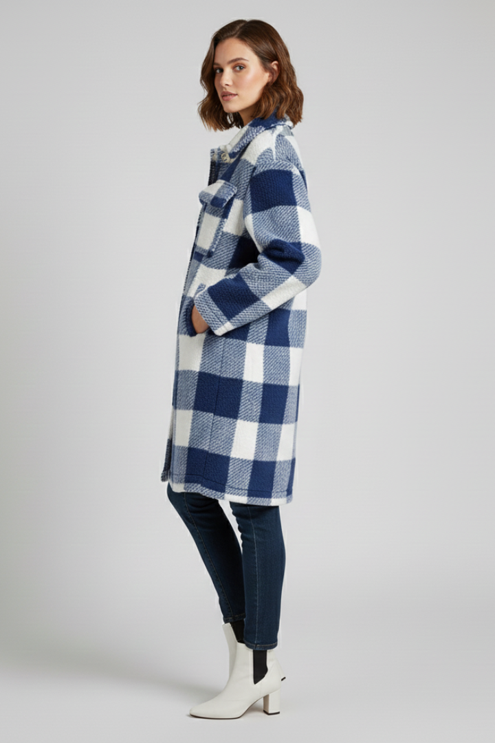 Women’s Long Coat with Button Front and Checked Fleece Surface