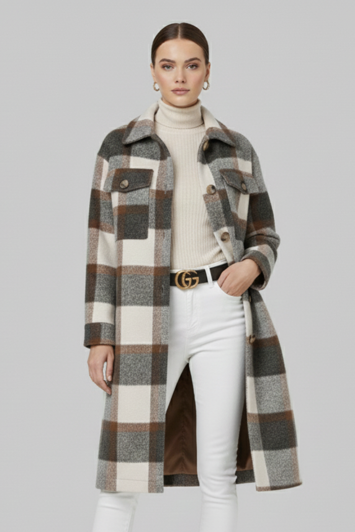 Women’s Long Coat with Button Front and Checked Woven Surface