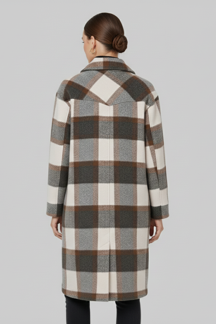 Women’s Long Coat with Button Front and Checked Woven Surface