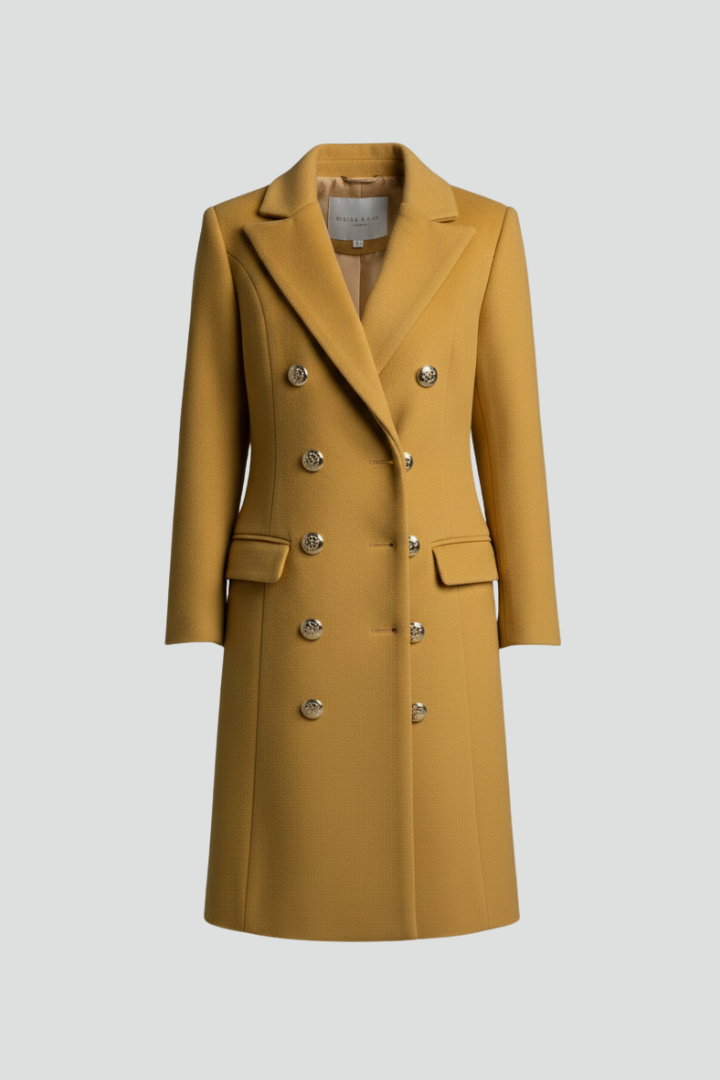 Women’s Long Coat with Double Buttons and Lapel Collar