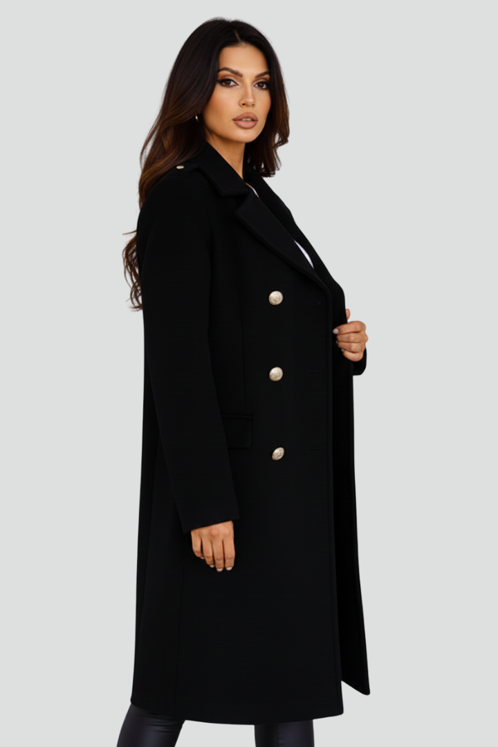 Women’s Long Coat with Double Buttons and Lapel Collar