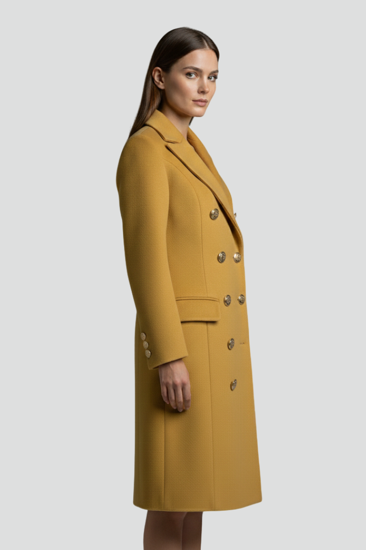 Women’s Long Coat with Double Buttons and Lapel Collar