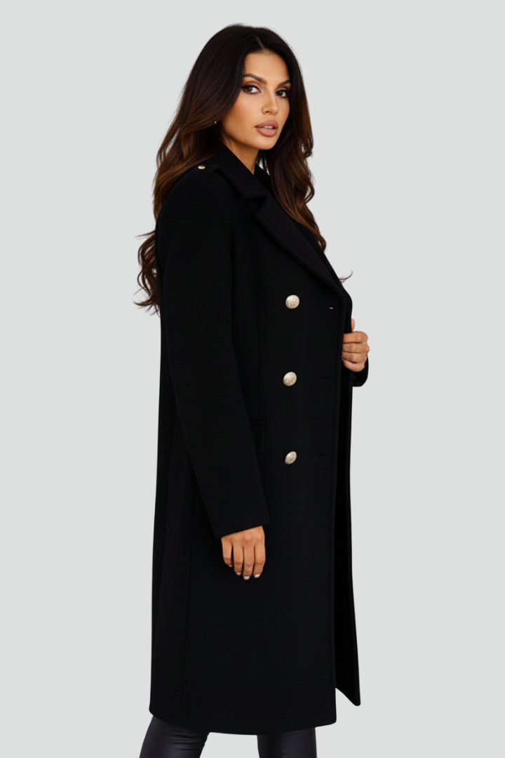Women’s Long Coat with Double Buttons and Lapel Collar