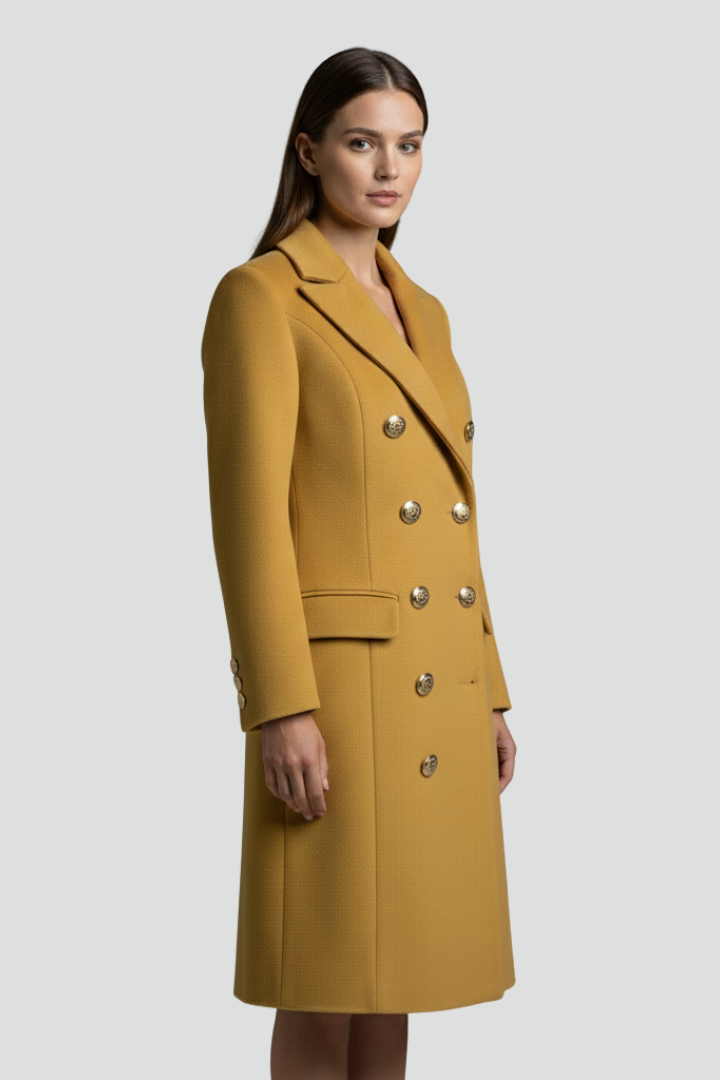 Women’s Long Coat with Double Buttons and Lapel Collar