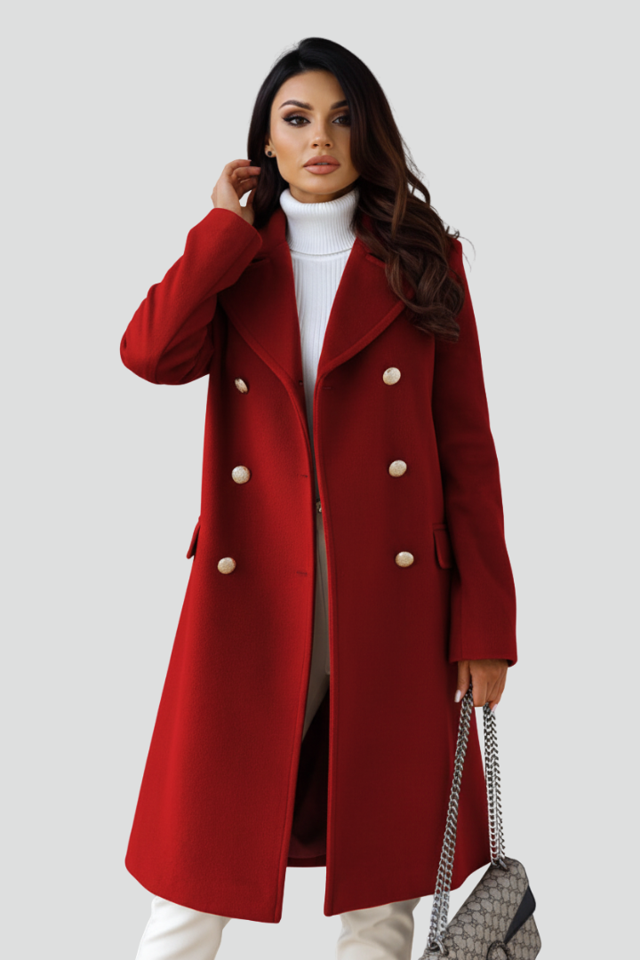 Women’s Long Coat with Double Buttons and Lapel Collar