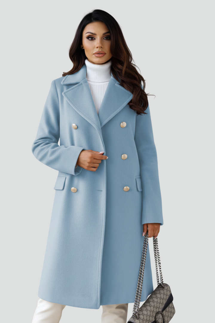 Women’s Long Coat with Double Buttons and Lapel Collar
