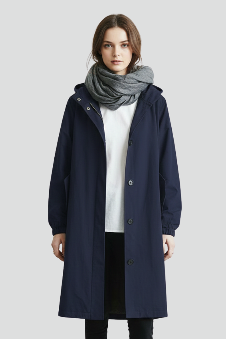 Women’s Long Coat with Hood and Button Closure