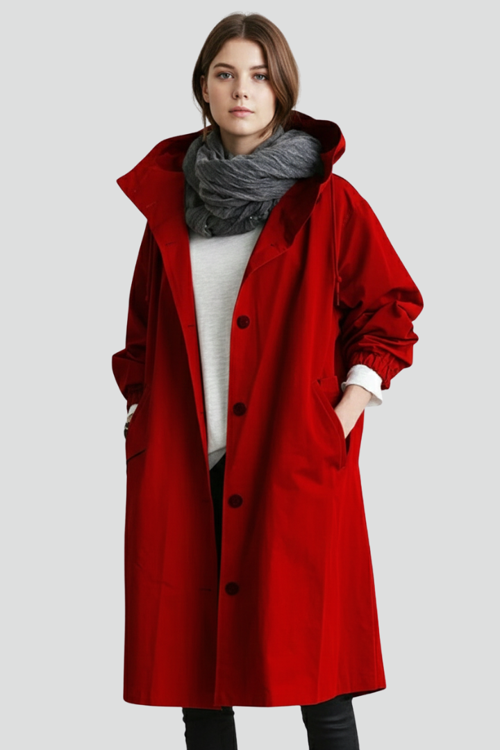 Women’s Long Coat with Hood and Button Closure