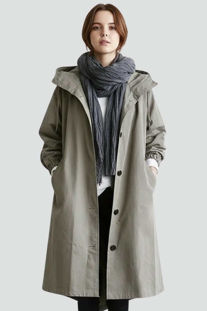 Women’s Long Coat with Hood and Button Closure